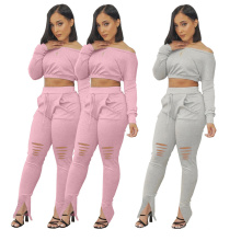 Good Quality Fall Autumn Neck Long Sleeve off Shoulder Ladies Workout Fitness Wear 2020 Two Piece Set